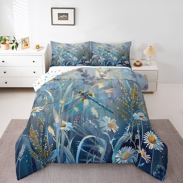 Erosebridal Dreamy Dragonfly Bedding Full Comforter Set, Spring Daisy Blossoms Down Comforter, REversible 3 Pieces, Lightweight