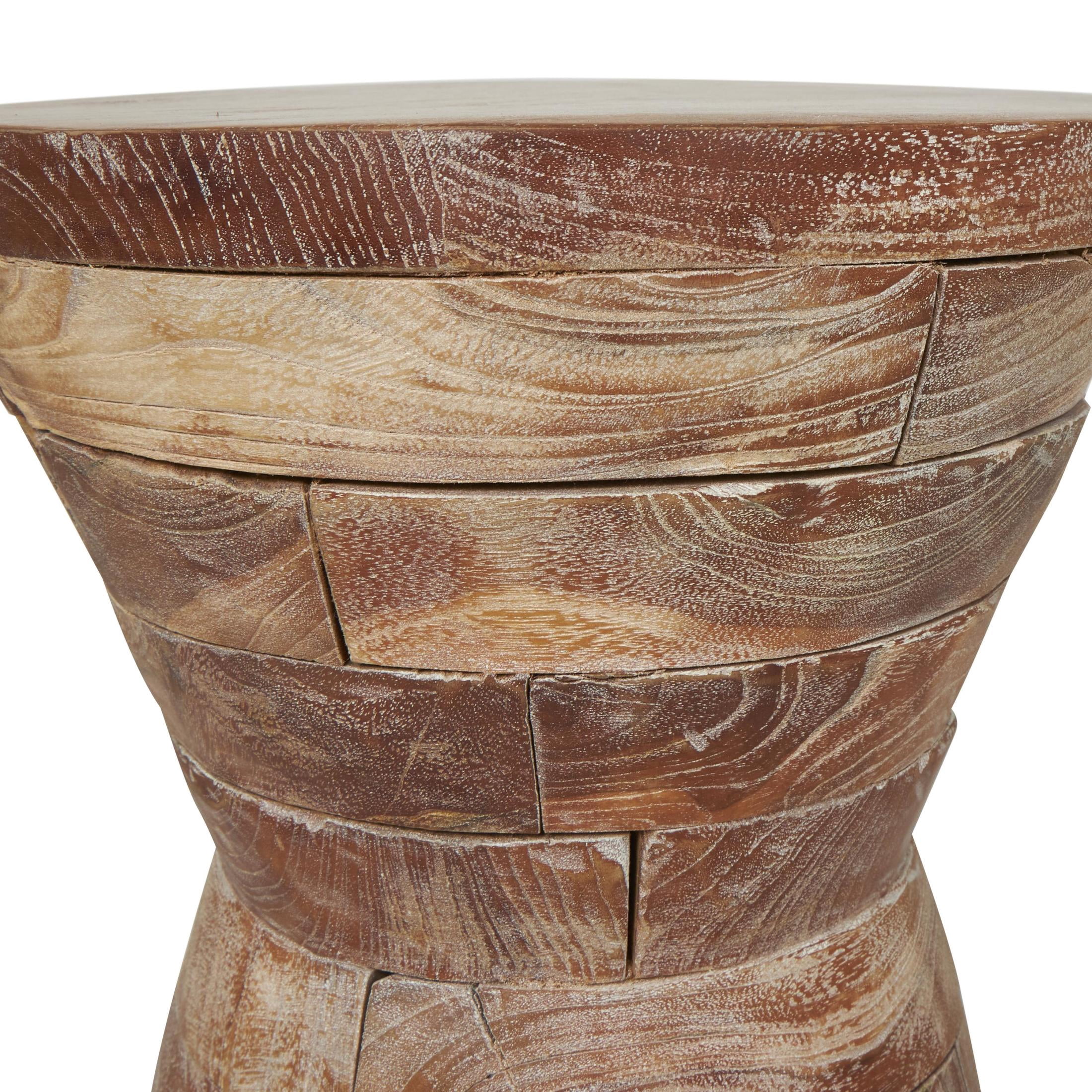 DecMode 14" x 19" Brown Teak Wood Handmade Hourglass Geometric Accent Table with Stacked Wood Pieces, 1-Piece
