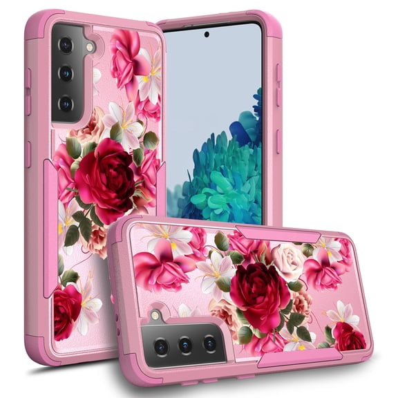 Galaxy S21 SM-G991 Case , [ Red Floral Rose ] Shockproof Heavy Duty Armor Protective Phone Cases Hard Rugged Bumper Cover for Samsung Galaxy S21 SM-G991