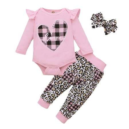 

Dadaria Fall Baby Boys Girls Clothes 3M-18M Infant Valentine s Day Hearts Romper Bodysuit+Leopard Pants Outfits Pink 70 Toddler
