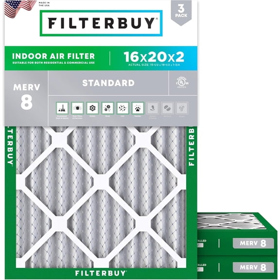 Filterbuy 16x20x2 Air Filter MERV 8 Dust Defense, Pleated HVAC AC Furnace Filter Replacement, 3-Pack