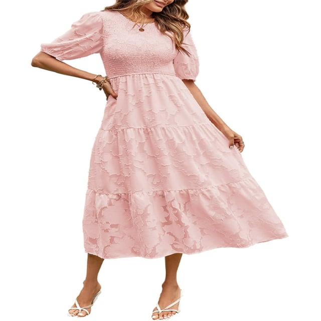 Femmes Été Bouffée Manches Robe Smocked Floral en Vrac Fluide Robe Haute Taille Dentelle Floral Étagé Midi Robe Bleu Ciel XL