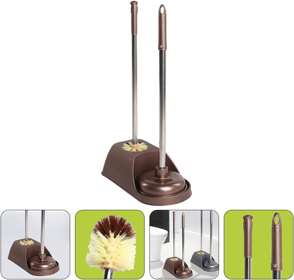 Toilet Plunger and Bowl Brush Combo for Bathroom Cleaning, 2 in 1 Long Handle Toilet Brush and Plunger with Holder, 1 Set ( Coffee )