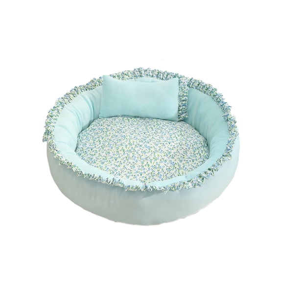 huayou Raised Bolster Round Pet Sofa Bed, Vintage Floral Lining Fringe Border with Mini Pillow, Calming Rest Bed for Household Indoor Kittens Puppies