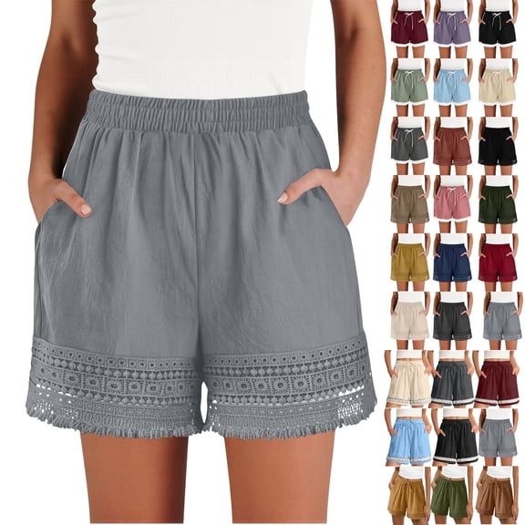 ShiShine Summer Linen Shorts for Women Elastic Waist Drawstring Casual Crochet Lace Hem Beach Pants with Pockets