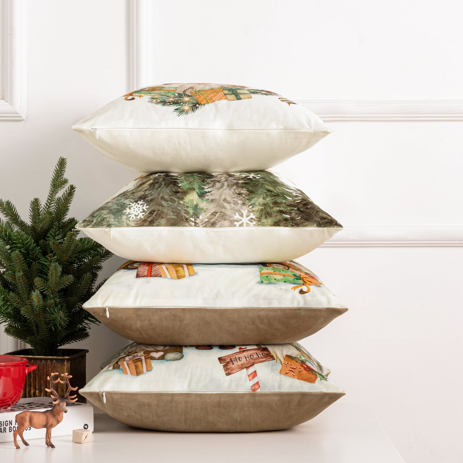 Christmas Santa Claus Decorative Pillows, Velvet Printed Christmas Tree and Car, 18" x 18", Beige, Set of 4
