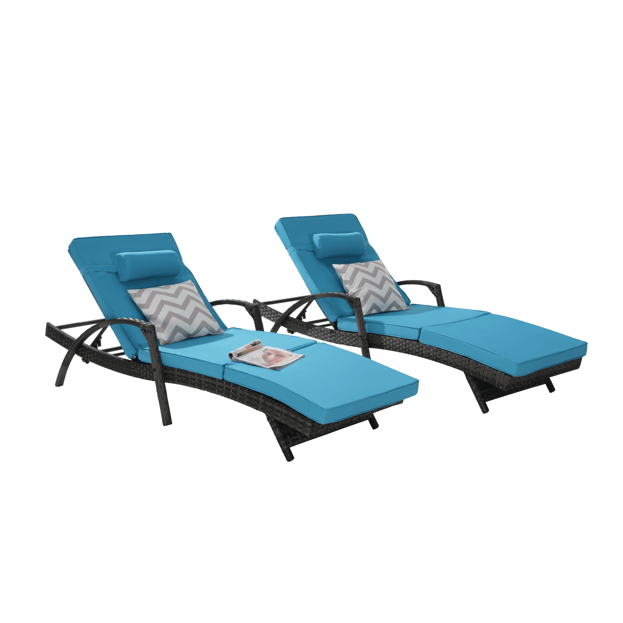 Leumius Outdoor Chaise Lounge Chair Set of 2,Wicker Reclining Lounge Chair with Cushions and Backrest Adjustable to 150° for Outside Pool Patio,Light Blue