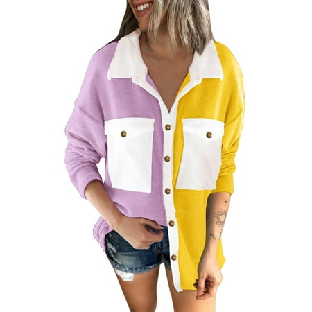 

KmaiSchai Cropped Hoodie Pajama Shirts for Women Long Sleeve Ladies Casual Jacket Long Sleeve Shirt Jacket With Pockets Contrast Color Patchwork Cardigan Jacket Women Button Shirts for Women plu