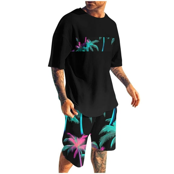 YLSDY Men's Summer 2 Piece Set Outfits Tropical Print Short Sleeve Tee and Shorts Set Summer Holiday Fashion Black L