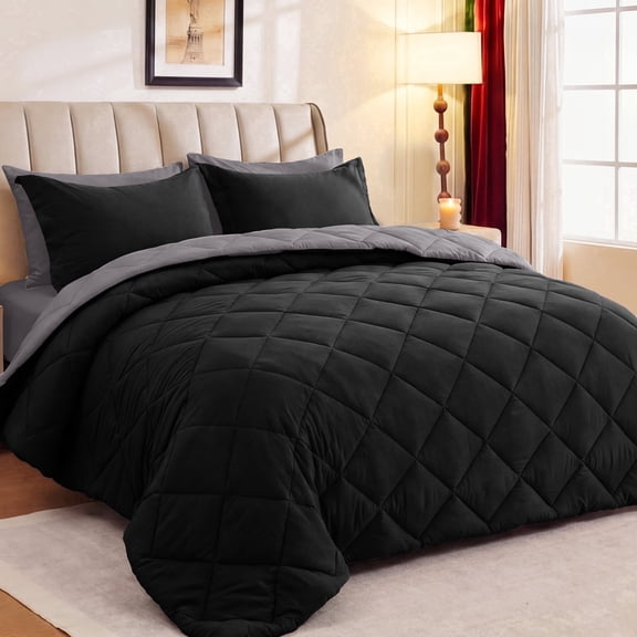 Sasttie 7 Pieces Queen Comforter Set, Reversible Bed in a Bag, All Season Bedding Set with Comforter, Flat Sheet, Fitted Sheet, Pillowcases & Shams, Black & Soot