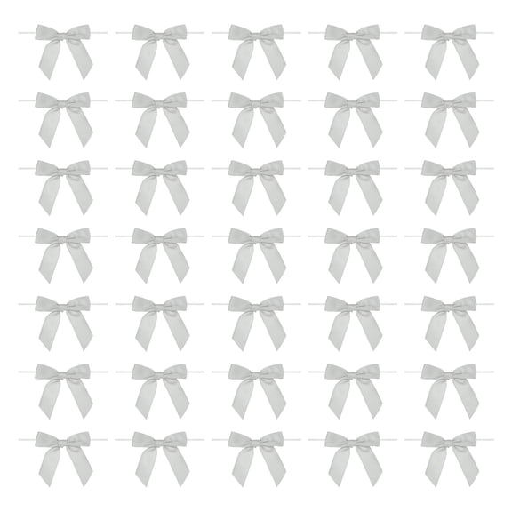 50Pcs Twist Tie Bow 3.5" Pre-Tie Gift Bows Mini Fabric Satin Ribbon for Treat Bags Craft DIY Flower Sewing Wedding Birthday Party (Light Gray)