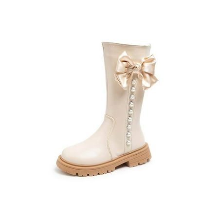 

Crocowalk Girls Fashion Boots Plush Lined Riding Boot Faux Leather High Calf Bootie Comfort Princess Booties Kids Bowknot Tall Winter Shoes White 8C