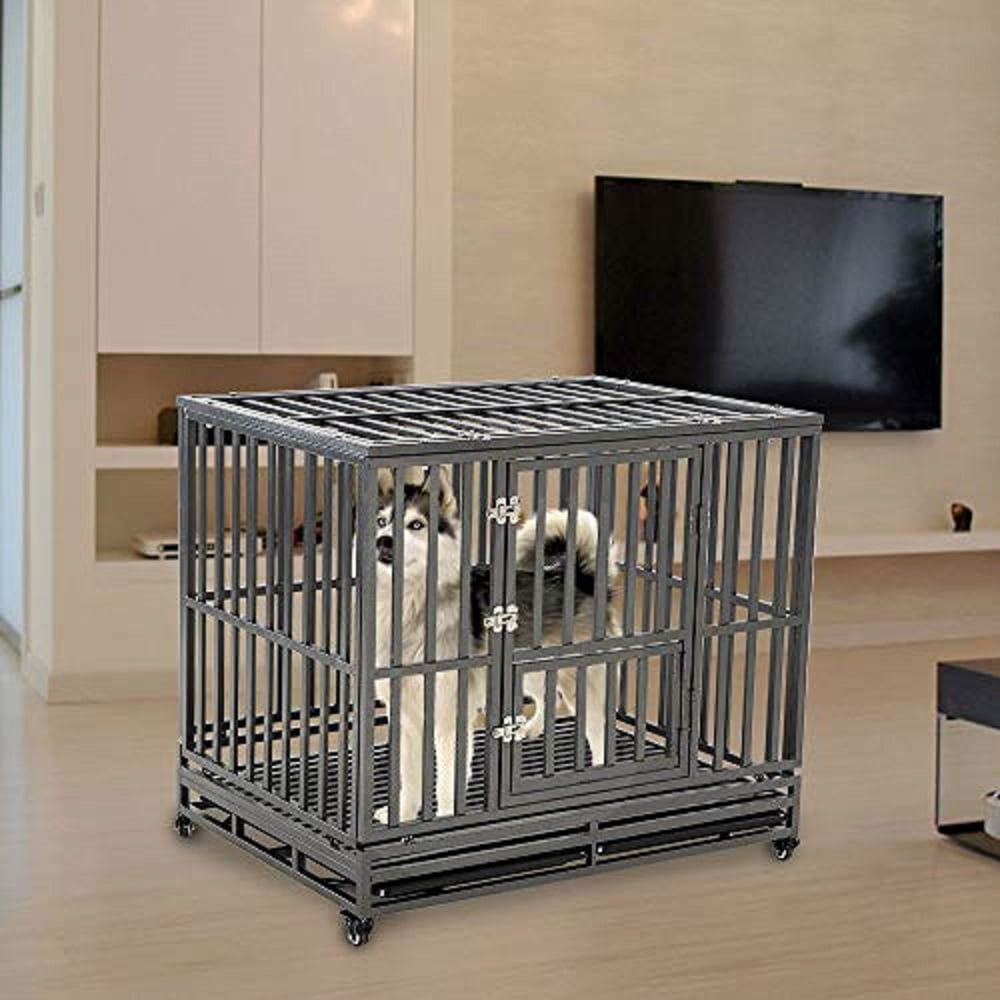 SMONTER Heavy Duty Dog Crate I Shape Strong Metal Kennel for Large Dogs