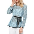 thumbnail image 3 of INSPIRE CHIC Women's Lace Peplum Blouse Floral Bracelet Sleeves Self-Tie Waist Top L Blue, 3 of 9