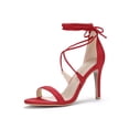 thumbnail image 1 of BLISSFUL STEP Chaussures pour Femmes Sandales à Talon Aiguille Haut à Bride Cheville à Nouer Bout Ouvert en Faux Suède Rouge 6, 1 of 8