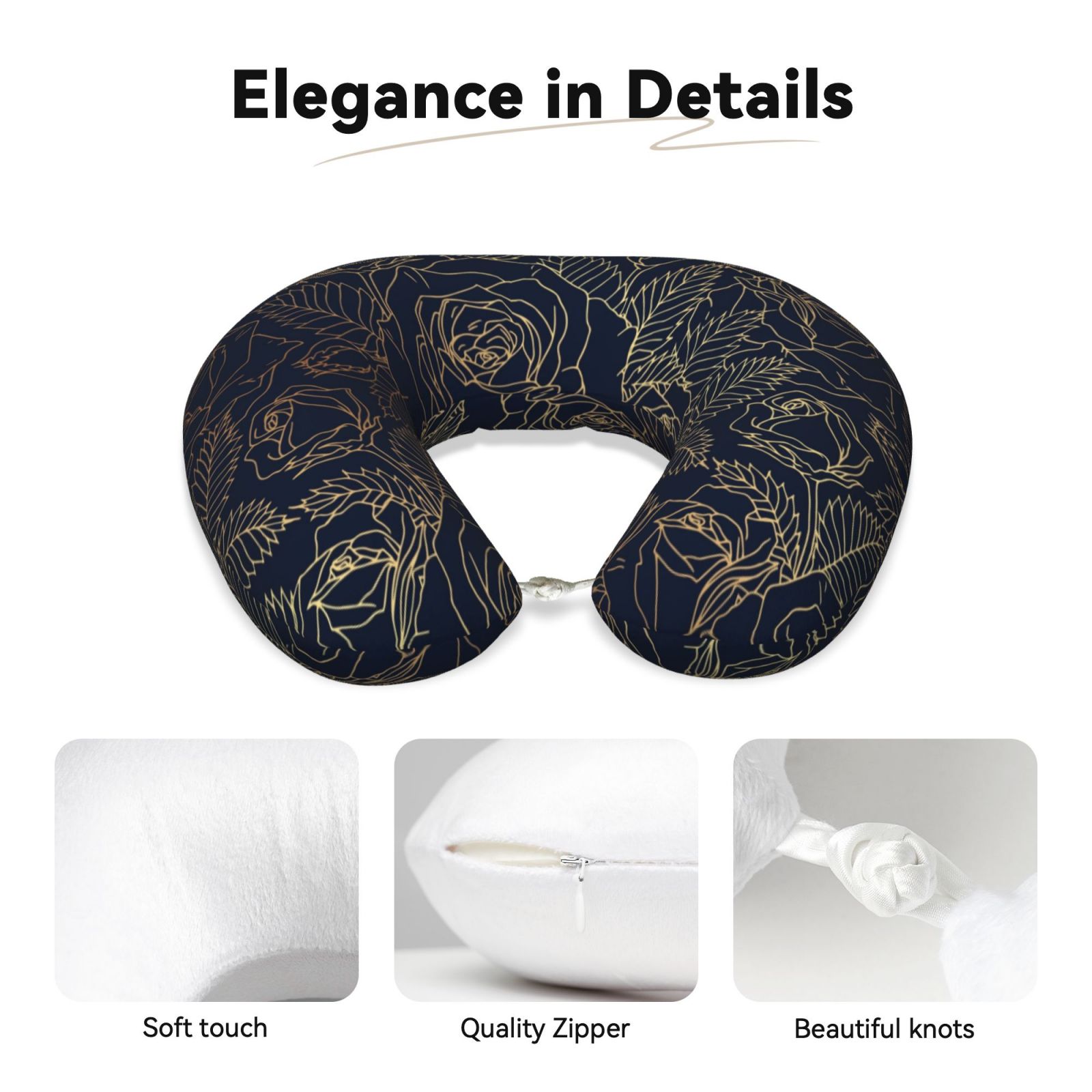 Xecao Copper-Gold Gloss Outline Rose Print Memory Foam Cervical Neck Pillow Versatile U-Shaped Pillows for Home,Office,Camping,Travelling,Soft Washable Cover