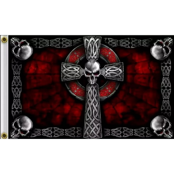 3X5 CELTIC CROSS SKULL GOTHIC RED BLACK FLAG BIKER BANNER 100D W/ GROMMETS (JC)