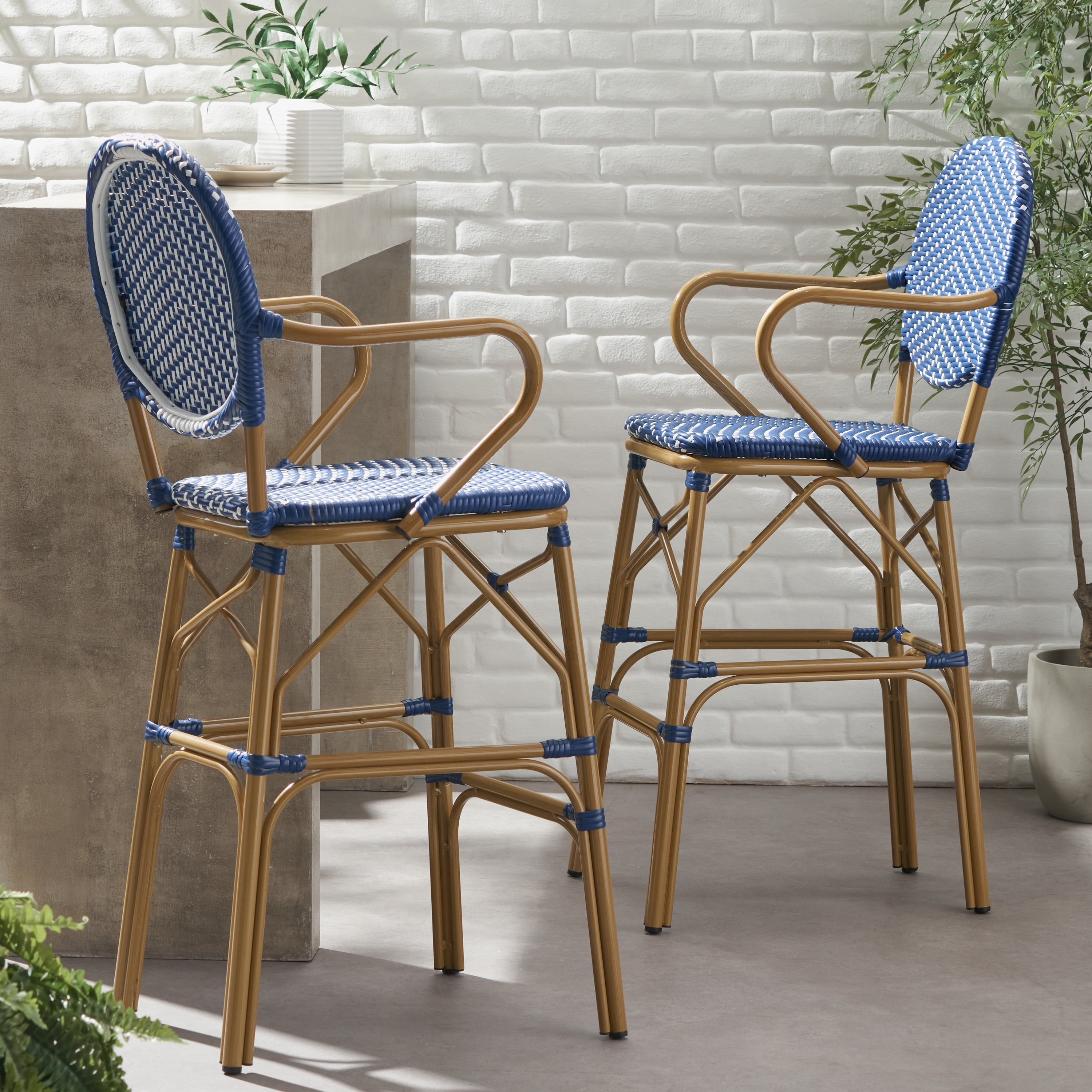 Outdoor Height Bar Stool Set of 2 29.5 Inch, Wicker and Aluminum Combined Frame for Patio Bar, Navy Blue and Bamboo