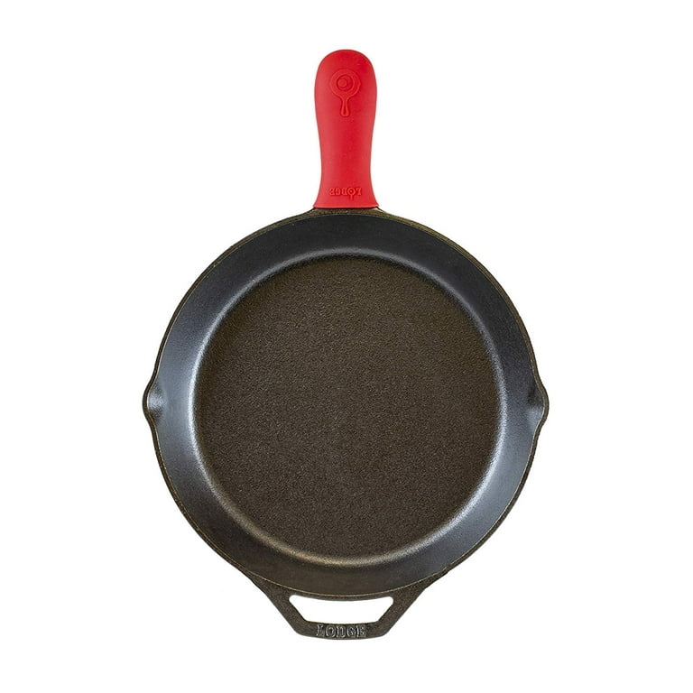 Lodge 12 Inch Cast Iron Skillet. Pre-Seasoned Cast Iron Skillet with Red  Silicone Hot Handle Holder.