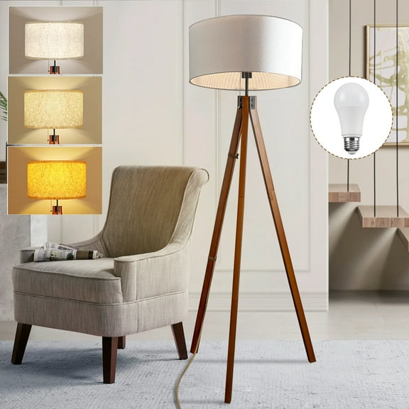 EE Eleven Master Wood Tripod Floor Lamp with 3 Color Temperatures LED Bulb, Mid Century Standing Lamp, Modern Design Tall Light for Living Room, Bedroom and Office, Flaxen Lamp Shade