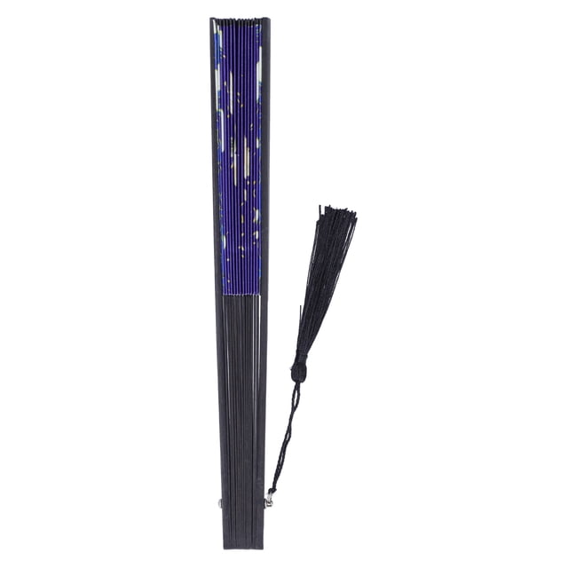 Abanico de mano de bambú con diseño de grulla y huesos negros, ventilador plegable antiguo con parte trasera azul para regalo de decoración de ropa de rendimiento