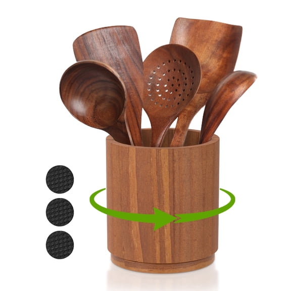 Wooden Utensil Holder, 360° Rotating Kitchen Utensil Organizer, 6.5x5.9 inch Large Kitchen Utensil Holder, Cooking Utensil Crock for Kitchen Countertop with Rotatable Wooden Base