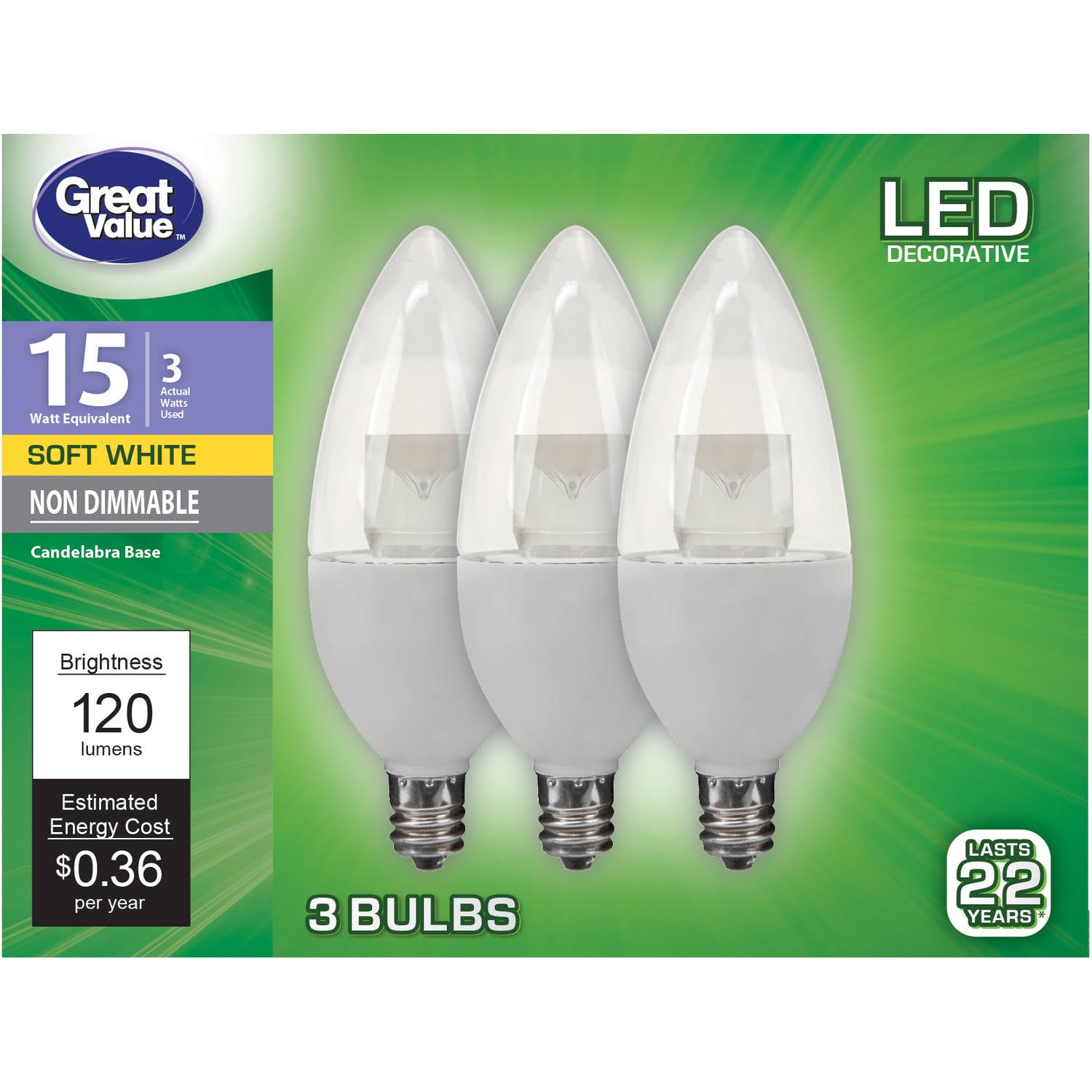 Great Value LED Light Bulb, 3W (15W Equivalent) B11 Decorative Lamp E12