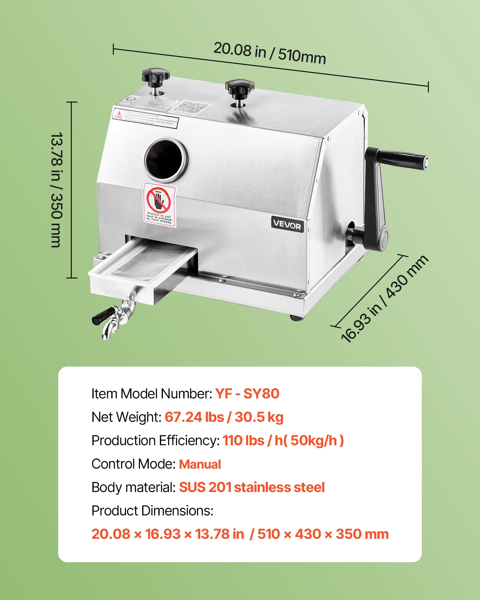 VEVOR Commercial Sugar Cane Juicer,110LBS/H High Output Sugarcane Juicer Machine with 3 Stainless Steel Rollers,2.4" Large Inlet,Manual Sugar Cane Press Juice Extractor Squeezer for Home/Commercial