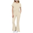 thumbnail image 2 of Lutiedan Girls 2 Piece Outfits Soft Short Sleeve Crewneck Side Drawstring Tops and Flowy Flare Leggings Pants Set Casual Kids Clothing Set 1-10 Years, 2 of 6