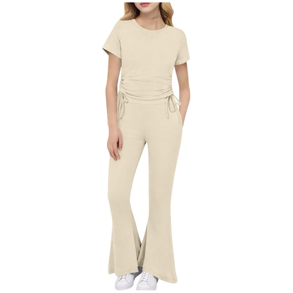 BFHHYA Girls Summer Tracksuit Set Short Sleeve Drawstring Shirts Flared Pants Sets2 Piece Outfit Sets for Girls Ages 1-10 Years