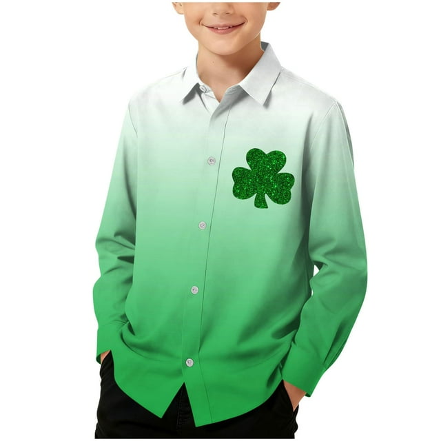 RXMEKW Chemise à Manches Longues Imprimée pour la Saint-Patrick pour Garçons avec Col Rabattu, 95 % Coton 5 % Spandex, Vert