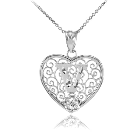 WHITE GOLD FILIGREE HEART "V" INITIAL CZ PENDANT NECKLACE : 10K Pendant with 22" chain
