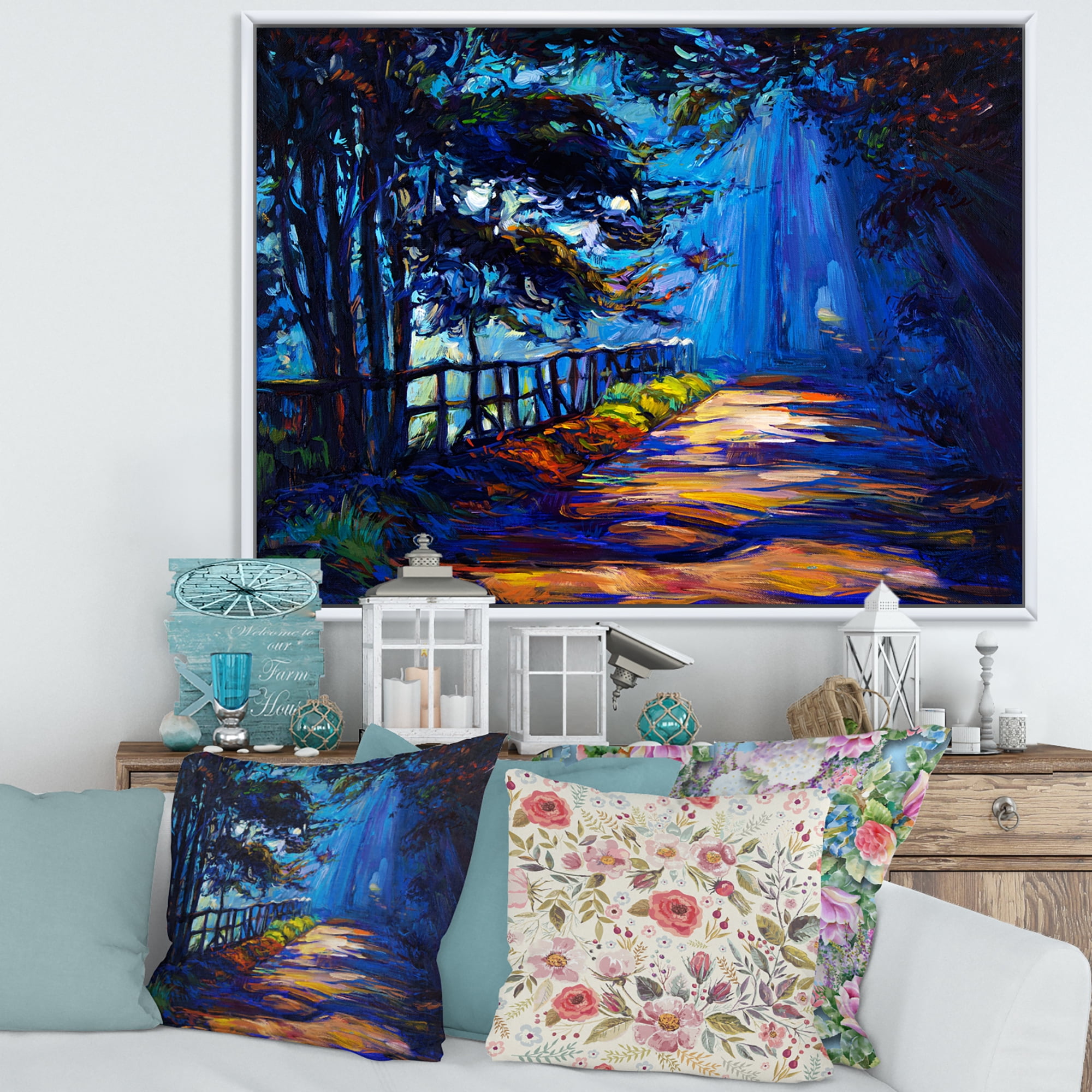 Designart 'Park Road In The Afternoon Shadows' Lake House Framed Canvas Wall Art Print
