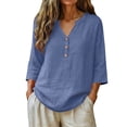 thumbnail image 3 of Womens Casual V Neck Blouse 3/4 Sleeves Summer Tops Loose Fit Linen Shirts Beach Vacation Clothes by Gbobgt Dark blue L, 3 of 6