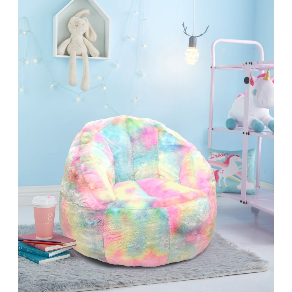 Heritage Club Rainbow Faux Fur Bean Bag Chair, Pastel Tie