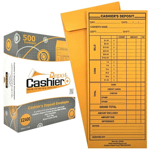 1000 Cashier Depot EZ400 Cashier's Deposit Envelope, #10 Brown Kraft Envelope, 4 1/8" x 9 1/2", Heavy 24 LB, 1000/Box