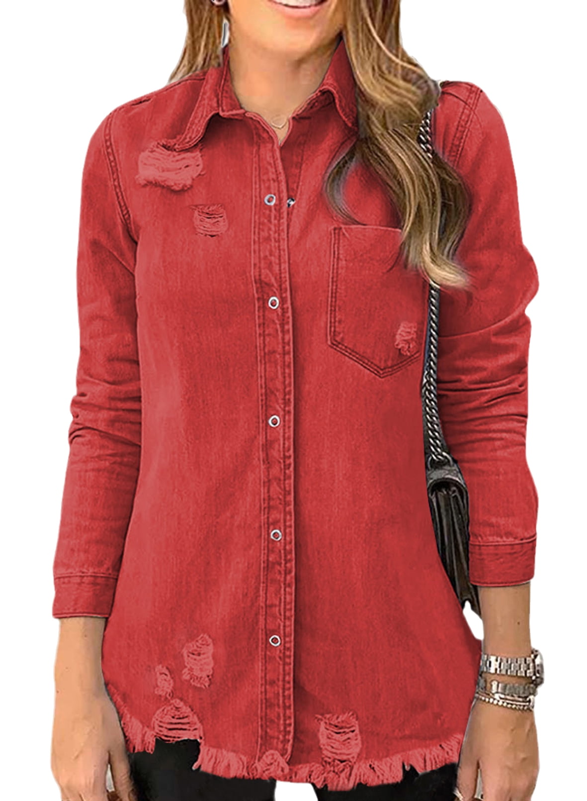 Eytino Denim Jacket for Women Casual Long Sleeve Button Denim Jacket