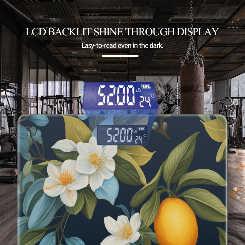 High Precision Body Weight Scale Smart Bathroom Scales with Large LCD Display(400lbs),Decorative for Bedroom-Lemon And Jasmine Flowers On Navy Blue Background