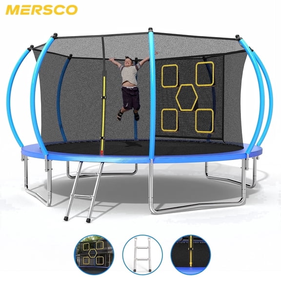 Mersco 12FT Trampoline for Kids with Mulifunctional Target Cloth,Outdoor Recreational Trampolines with Enclosure Net, Ladder,Jumping Trampoline SPACE for Kid Birthday and Festival Gift,Blue