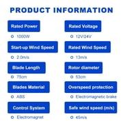 Home vertical-axis wind turbine generator with 24V voltage, rated at 1000W,  with a free MPPT controller. Suitable for various scenarios such as camping, RVs, rooftops, etc. Low wind speed start