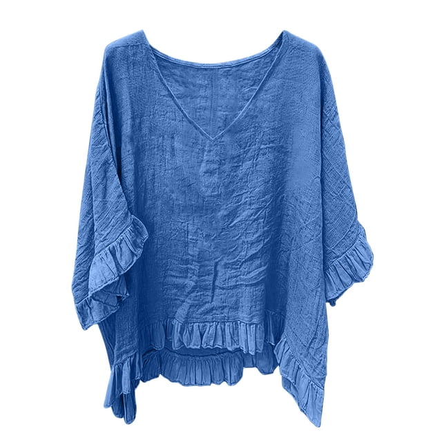 LLYWEY Blusas Tipo Túnica para Mujer con Botones, Cuello Redondo, Playera de Verano con Fruncido Al Frente, Manga Corta, Azul S