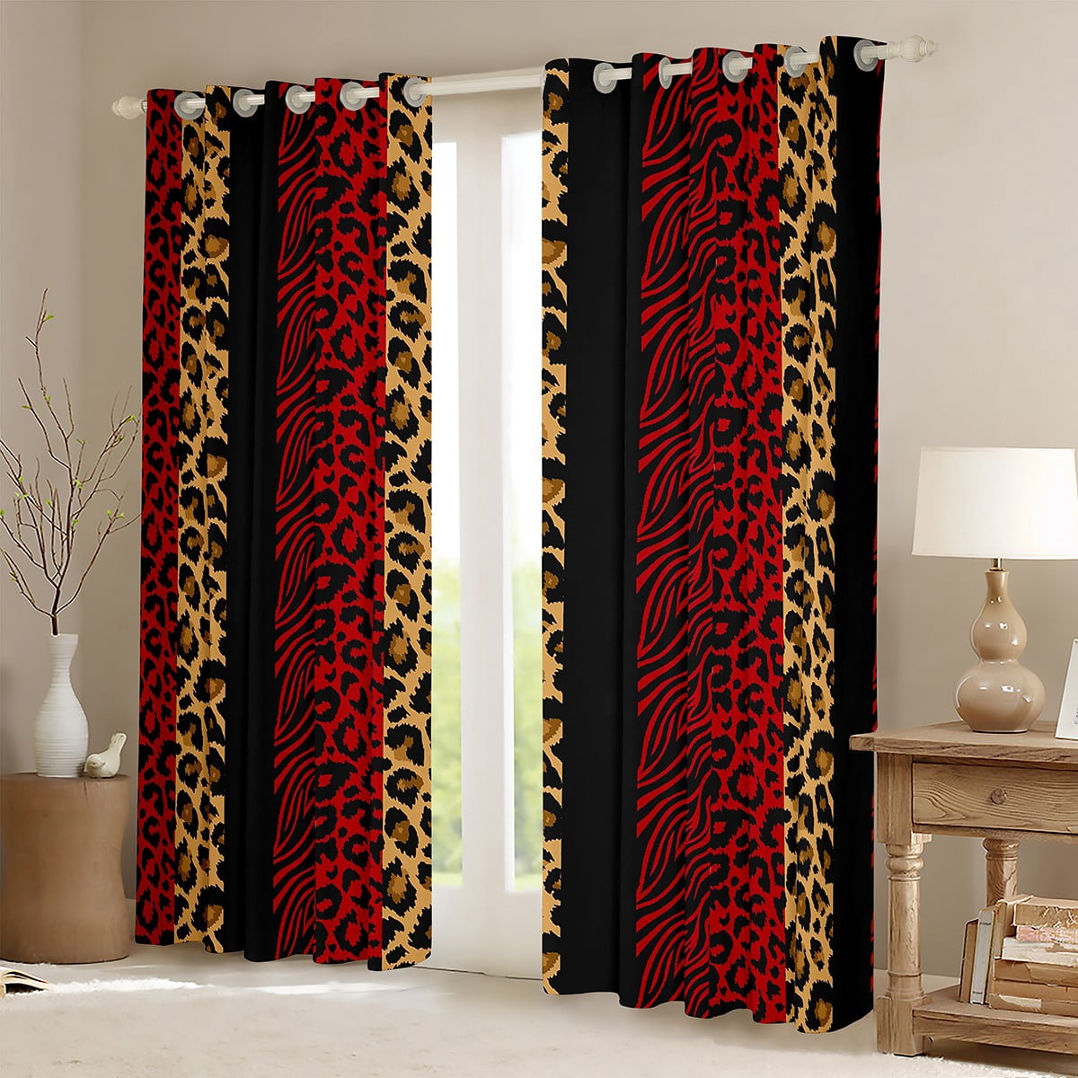 Homewish Red Leopard Print Blackout Curtains Set of 2 (52x84 Each) for Women, Modern Zebra Cheetah Print Window Curtains, Fashion Abstract Curtains and Drapes, Black Out Curtains Room Decor