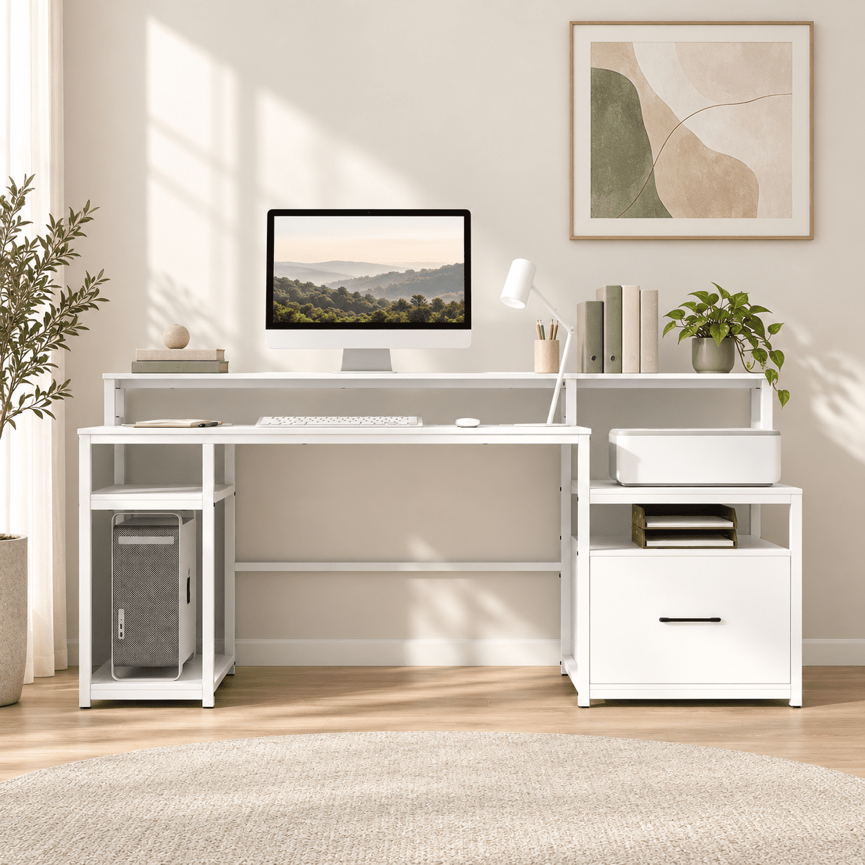 Furnibear 67 Inch Computer Desk With Monitor Stand and File Drawer, Large Home Office Desk With Power Outlets USB and CPU Stand, Rustic Brown