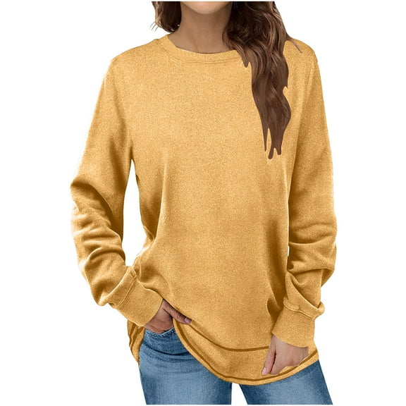 LEAVINGSUO Blouses for Women Fashion Casual Womens Fall Tops Women's Fashion Winter Solid Round-Neck Pullover Long Sleeve Tops Yellow XXL