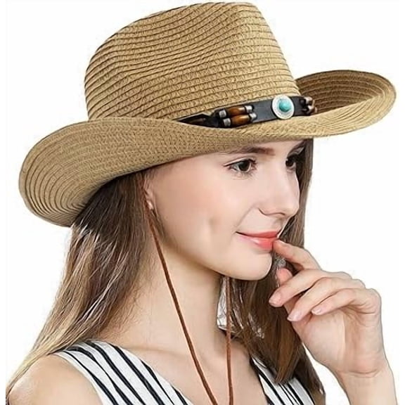 Wowstyle Cowgirl Straw Hat for Women Men Western Straw Cowboy Hats Packable Wide Brim Beach Summer Sun Cap with Decorative Band