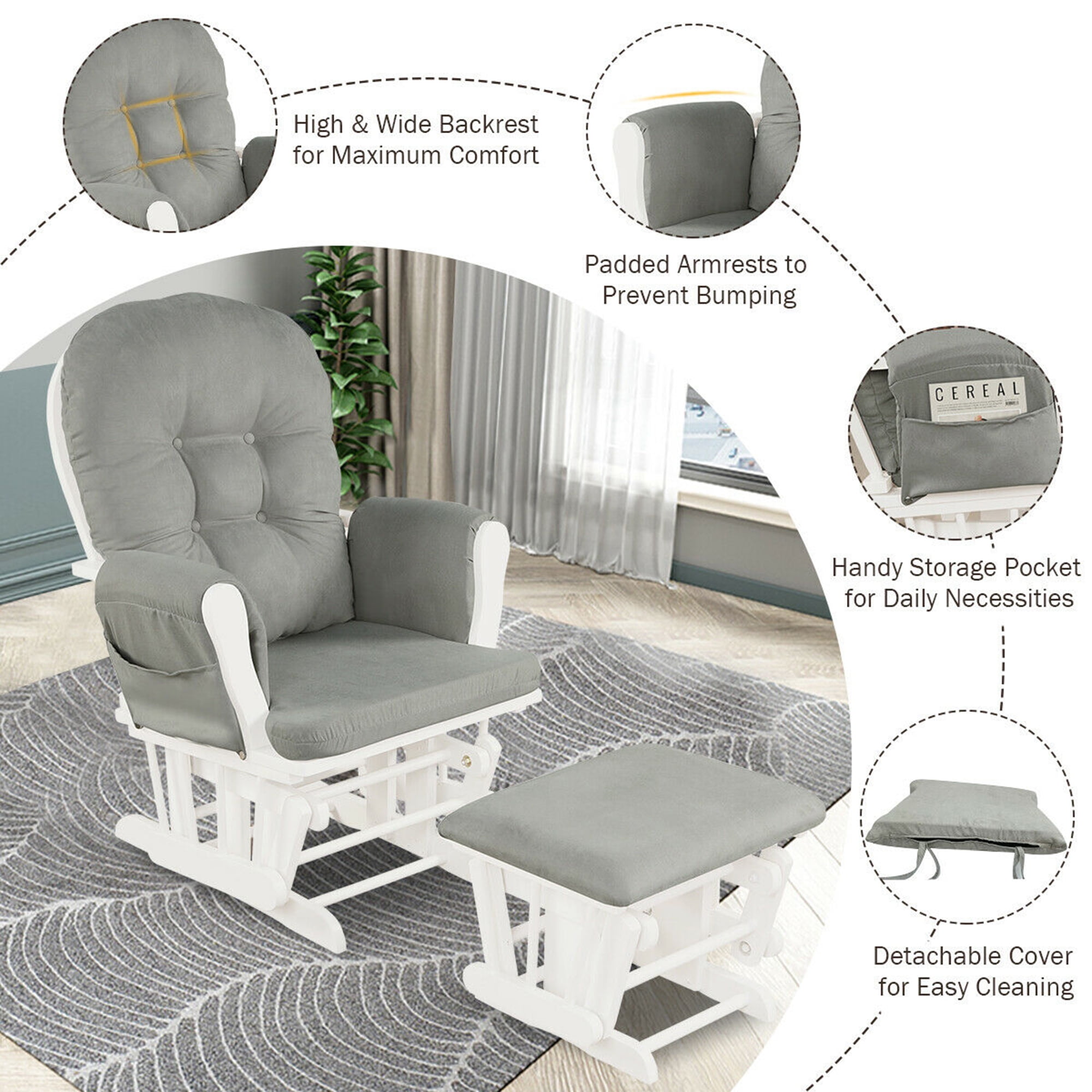 Gymax Baby Nursery Rocking Chair Glider and Ottoman Cushion Set Wood White Finish with Light Grey Cushions
