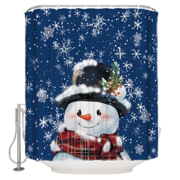 Christmas Snowman Shower Curtain, 66" x 72", with Snowflakes Blue Texture Waterproof Bathroom Curtain Washable Shower Curtain Set with 12 Hooks