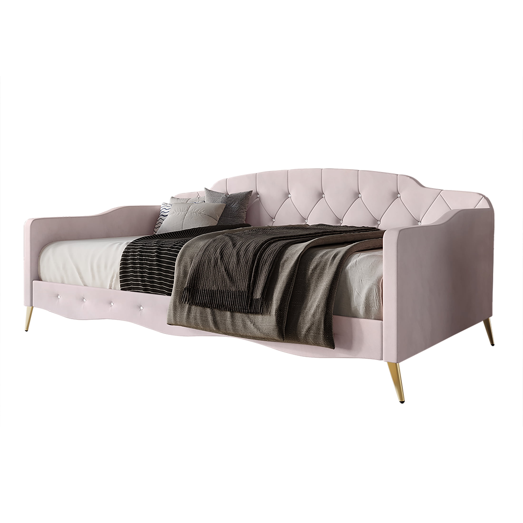 Castle Place Twin Velvet Upholstered Daybed with Crystal Button Tufting, Light Pink
