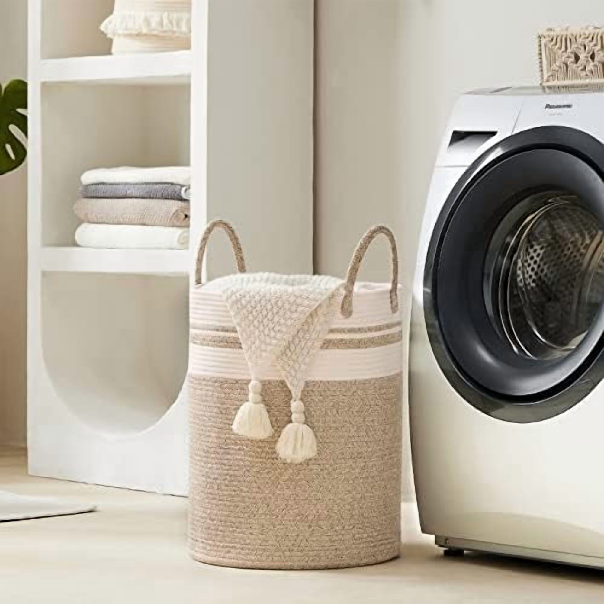 Woven Rope Laundry Hamper Basket, 58L Tall Laundry Basket for Blanket Organizer- Clothes Hamper for Bedroom Storage, Baby Kids Nursery Hamper-Large-Brown