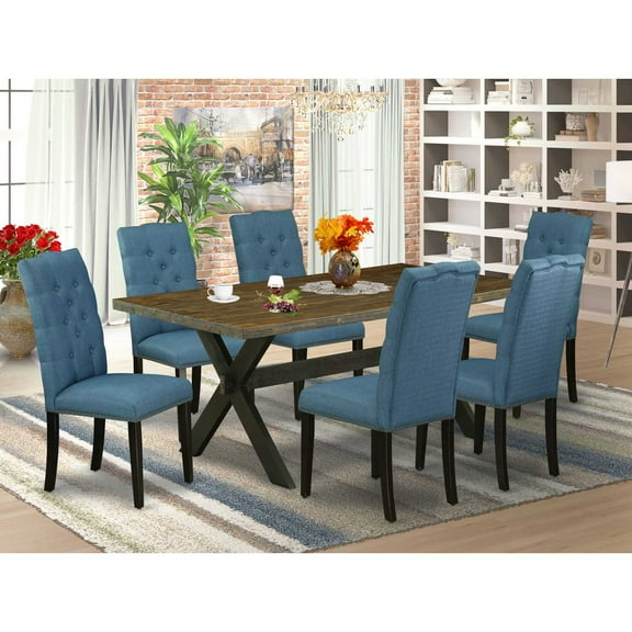 East West Furniture X-Style 7-piece Wood Dining Set in Black/Blue/Jacobean